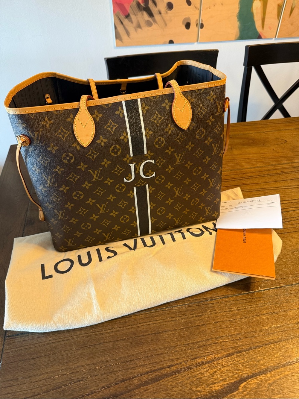 Louis Vuitton Brown Monogram Neverfull GM Tote with White Stripe and JC Initials